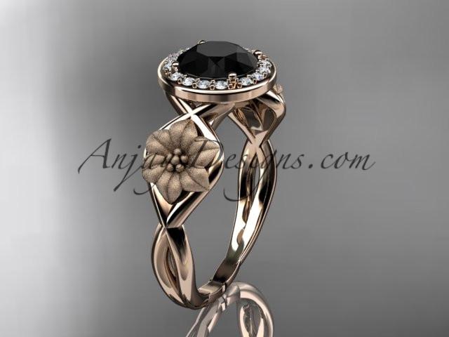 Unique 14kt rose gold diamond flower wedding ring, engagement ring with a Black Diamond center stone ADLR219 - AnjaysDesigns