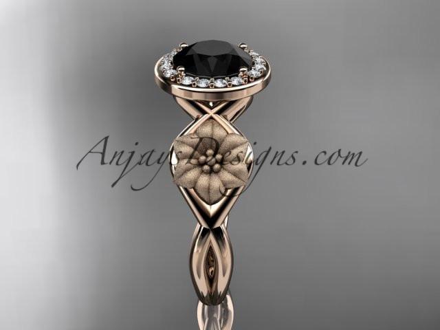 Unique 14kt rose gold diamond flower wedding ring, engagement ring with a Black Diamond center stone ADLR219 - AnjaysDesigns