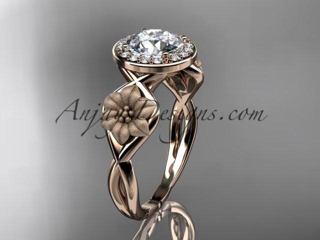 Unique 14kt rose gold diamond flower wedding ring, engagement ring with a "Forever One" Moissanite center stone ADLR219 - AnjaysDesigns
