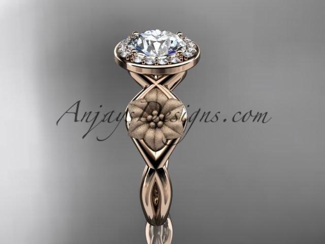 Unique 14kt rose gold diamond flower wedding ring, engagement ring with a "Forever One" Moissanite center stone ADLR219 - AnjaysDesigns