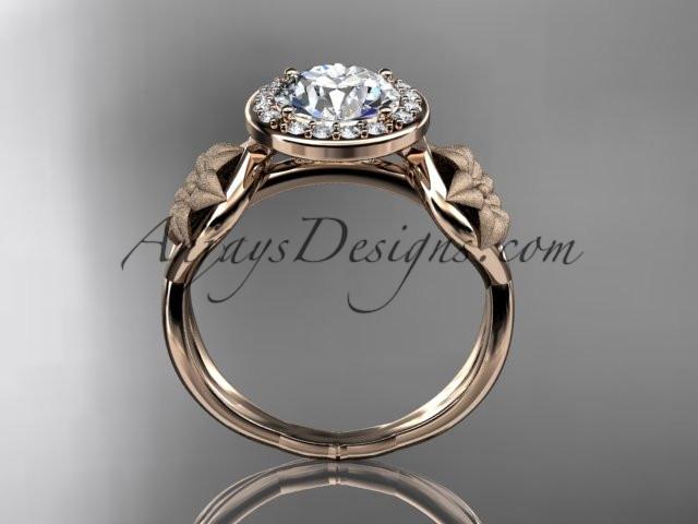 Unique 14kt rose gold diamond flower wedding ring, engagement ring with a "Forever One" Moissanite center stone ADLR219 - AnjaysDesigns