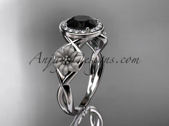 Unique platinum diamond flower wedding ring, engagement ring with a Black Diamond center stone ADLR219 - AnjaysDesigns