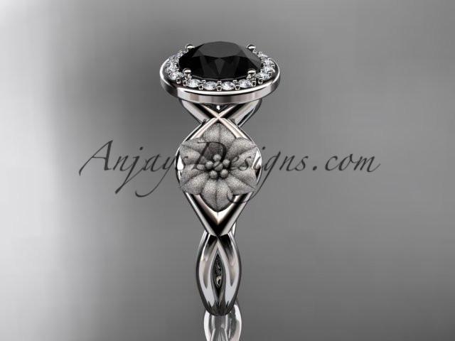 Unique platinum diamond flower wedding ring, engagement ring with a Black Diamond center stone ADLR219 - AnjaysDesigns