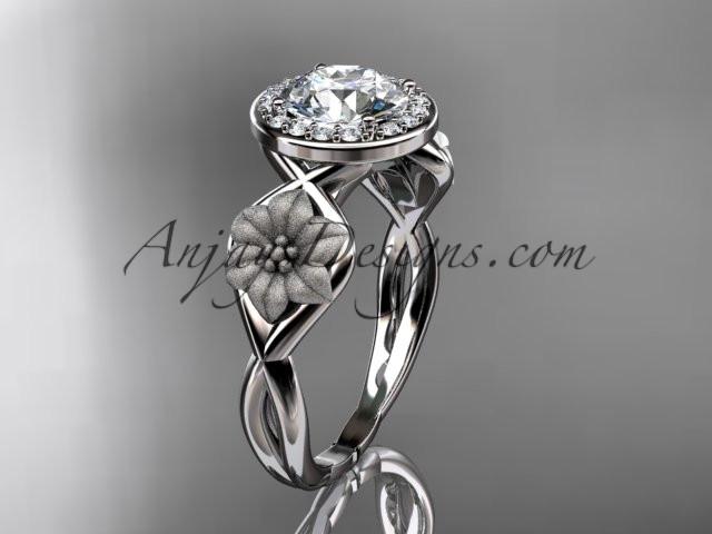 Unique 14kt white gold diamond flower wedding ring, engagement ring with a "Forever One" Moissanite center stone ADLR219 - AnjaysDesigns