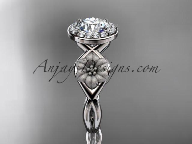 Unique platinum diamond flower wedding ring, engagement ring with a "Forever One" Moissanite center stone ADLR219 - AnjaysDesigns