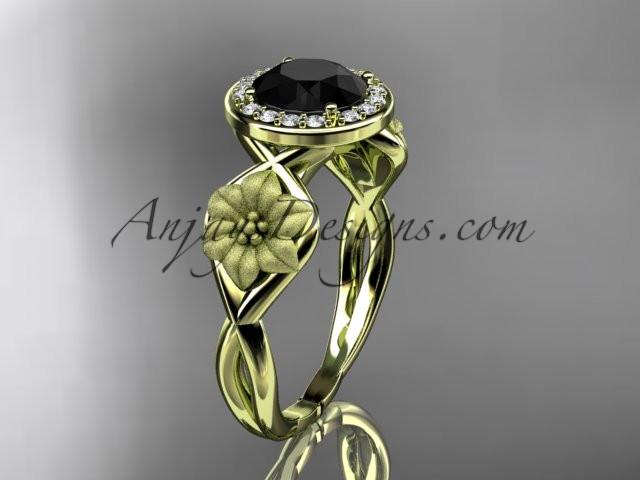 Unique 14kt yellow gold diamond flower wedding ring, engagement ring with a Black Diamond center stone ADLR219 - AnjaysDesigns