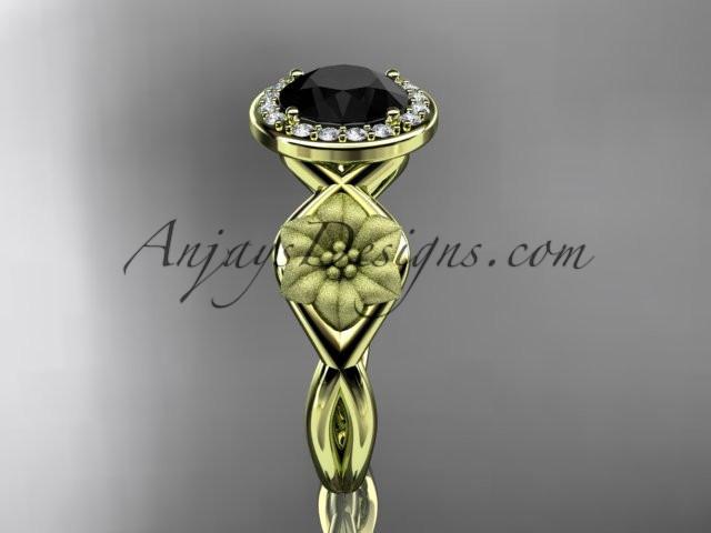 Unique 14kt yellow gold diamond flower wedding ring, engagement ring with a Black Diamond center stone ADLR219 - AnjaysDesigns