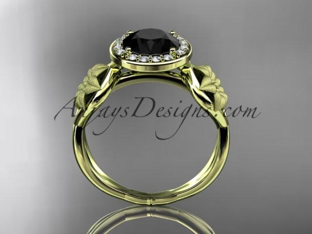 Unique 14kt yellow gold diamond flower wedding ring, engagement ring with a Black Diamond center stone ADLR219 - AnjaysDesigns
