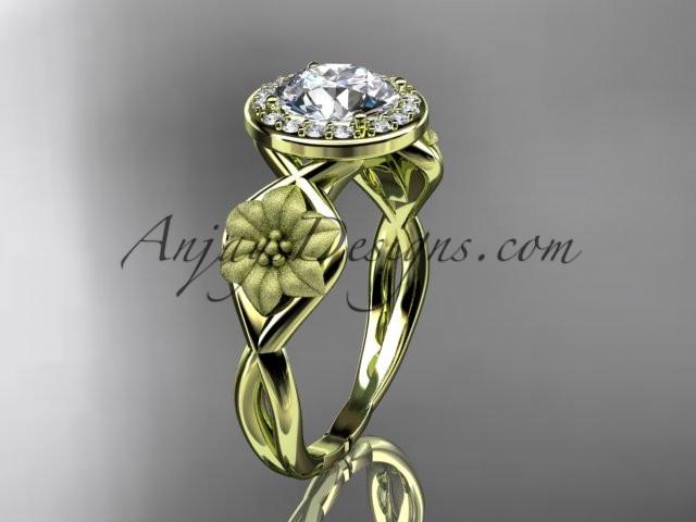 Unique 14kt yellow gold diamond flower wedding ring, engagement ring with a "Forever One" Moissanite center stone ADLR219 - AnjaysDesigns