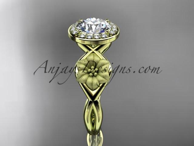 Unique 14kt yellow gold diamond flower wedding ring, engagement ring with a "Forever One" Moissanite center stone ADLR219 - AnjaysDesigns