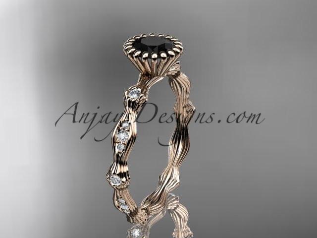 14kt rose gold diamond leaf wedding ring, engagement ring with Black Diamond center stone ADLR21 - AnjaysDesigns