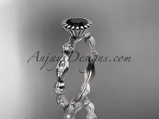 14kt white gold diamond leaf wedding ring, engagement ring with Black Diamond center stone ADLR21 - AnjaysDesigns