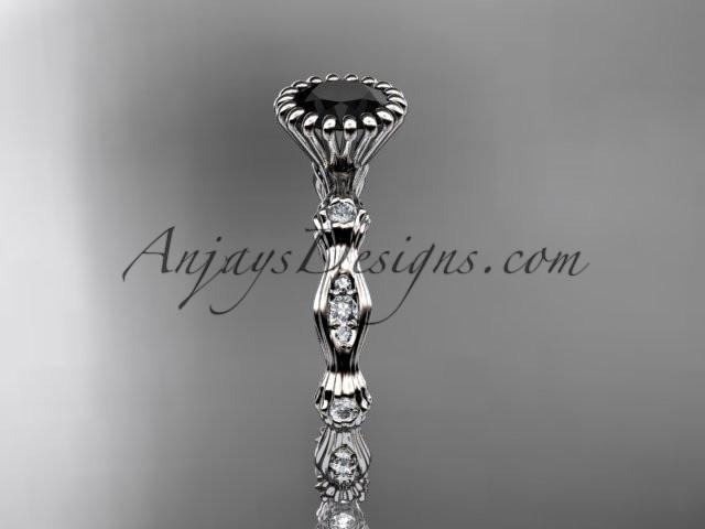 platinum diamond leaf wedding ring, engagement ring with Black Diamond center stone ADLR21 - AnjaysDesigns