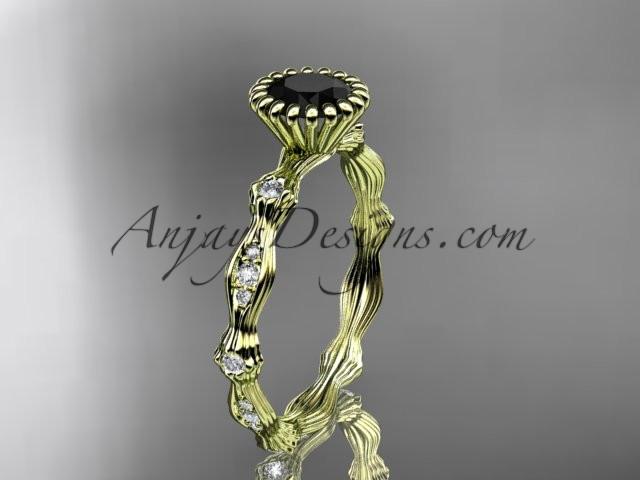 14kt yellow gold diamond leaf wedding ring, engagement ring with Black Diamond center stone ADLR21 - AnjaysDesigns