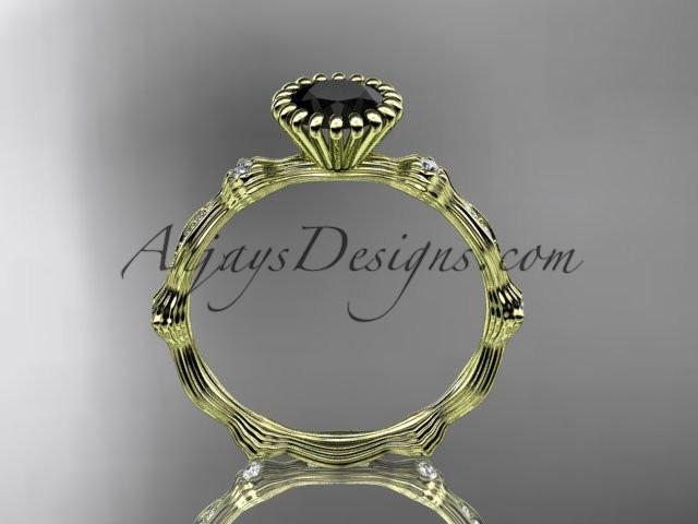 14kt yellow gold diamond leaf wedding ring, engagement ring with Black Diamond center stone ADLR21 - AnjaysDesigns