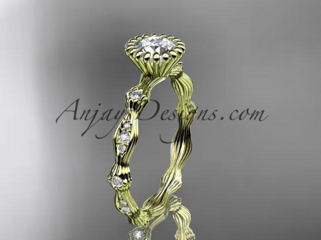 14kt yellow gold diamond leaf wedding ring, engagement ring with "Forever One" Moissanite center stone ADLR21 - AnjaysDesigns