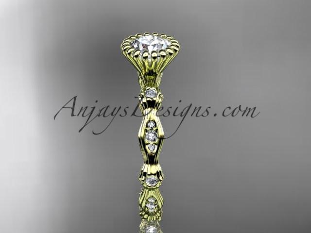 14kt yellow gold diamond leaf wedding ring, engagement ring with "Forever One" Moissanite center stone ADLR21 - AnjaysDesigns