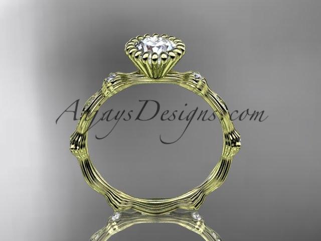 14kt yellow gold diamond leaf wedding ring, engagement ring with "Forever One" Moissanite center stone ADLR21 - AnjaysDesigns
