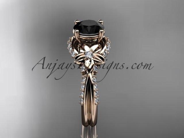 Unique 14kt rose gold diamond flower, leaf and vine wedding ring, engagement ring with a Black Diamond center stone ADLR220 - AnjaysDesigns