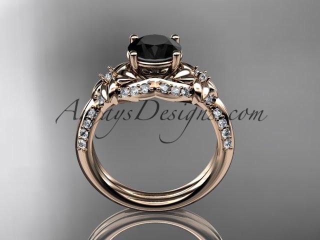 Unique 14kt rose gold diamond flower, leaf and vine wedding ring, engagement ring with a Black Diamond center stone ADLR220 - AnjaysDesigns
