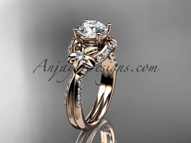 Unique 14kt rose gold diamond flower, leaf and vine wedding ring, engagement ring with a "Forever One" Moissanite center stone ADLR220 - AnjaysDesigns