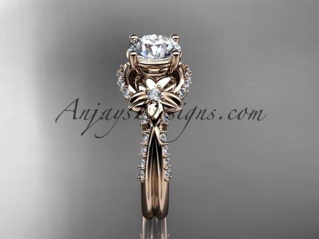 Unique 14kt rose gold diamond flower, leaf and vine wedding ring, engagement ring with a "Forever One" Moissanite center stone ADLR220 - AnjaysDesigns