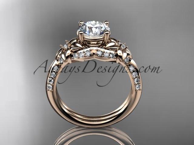 Unique 14kt rose gold diamond flower, leaf and vine wedding ring, engagement ring with a "Forever One" Moissanite center stone ADLR220 - AnjaysDesigns