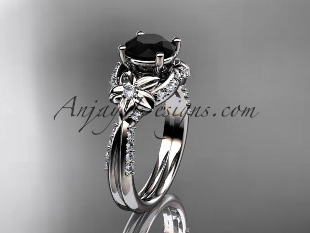 Unique platinum diamond flower, leaf and vine wedding ring, engagement ring with a Black Diamond center stone ADLR220 - AnjaysDesigns