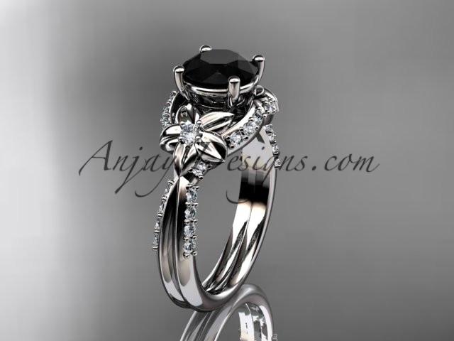 Unique 14kt white gold diamond flower, leaf and vine wedding ring, engagement ring with a Black Diamond center stone ADLR220 - AnjaysDesigns