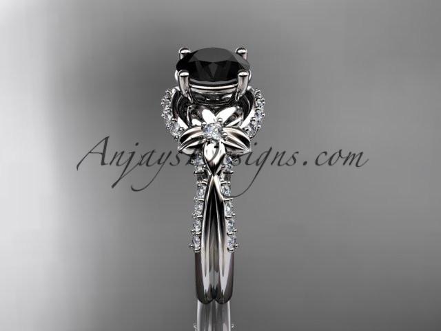 Unique platinum diamond flower, leaf and vine wedding ring, engagement ring with a Black Diamond center stone ADLR220 - AnjaysDesigns