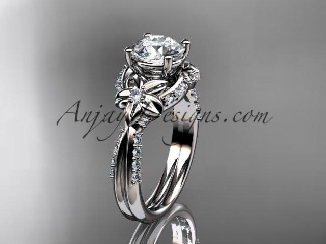 Unique 14kt white gold diamond flower, leaf and vine wedding ring, engagement ring with a "Forever One" Moissanite center stone ADLR220 - AnjaysDesigns