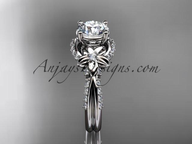 Unique platinum diamond flower, leaf and vine wedding ring, engagement ring with a "Forever One" Moissanite center stone ADLR220 - AnjaysDesigns