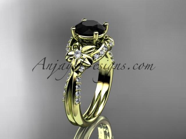 Unique 14kt yellow gold diamond flower, leaf and vine wedding ring, engagement ring with a Black Diamond center stone ADLR220 - AnjaysDesigns