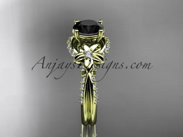Unique 14kt yellow gold diamond flower, leaf and vine wedding ring, engagement ring with a Black Diamond center stone ADLR220 - AnjaysDesigns