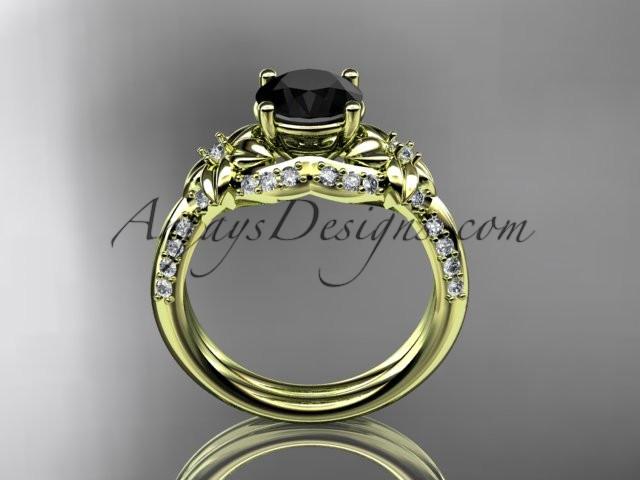 Unique 14kt yellow gold diamond flower, leaf and vine wedding ring, engagement ring with a Black Diamond center stone ADLR220 - AnjaysDesigns