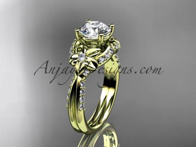 Unique 14kt yellow gold diamond flower, leaf and vine wedding ring, engagement ring with a "Forever One" Moissanite center stone ADLR220 - AnjaysDesigns