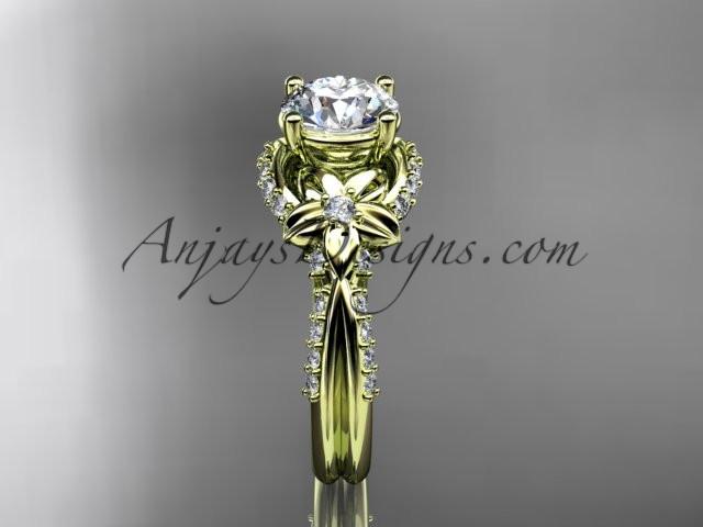 Unique 14kt yellow gold diamond flower, leaf and vine wedding ring, engagement ring with a "Forever One" Moissanite center stone ADLR220 - AnjaysDesigns