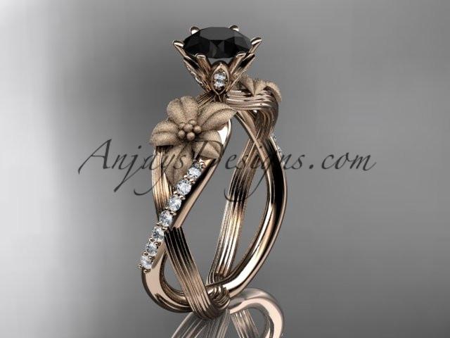 Unique 14kt rose gold diamond flower, leaf and vine wedding ring, engagement ring with a Black Diamond center stone ADLR221 - AnjaysDesigns