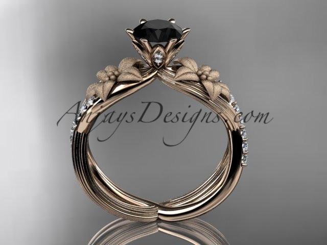 Unique 14kt rose gold diamond flower, leaf and vine wedding ring, engagement ring with a Black Diamond center stone ADLR221 - AnjaysDesigns