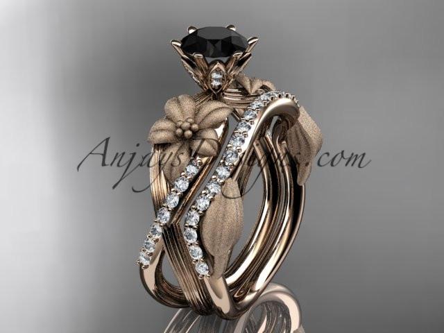 Unique 14kt rose gold diamond flower, leaf and vine wedding ring, engagement set with a Black Diamond center stone ADLR221S - AnjaysDesigns
