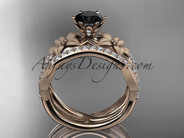 Unique 14kt rose gold diamond flower, leaf and vine wedding ring, engagement set with a Black Diamond center stone ADLR221S - AnjaysDesigns