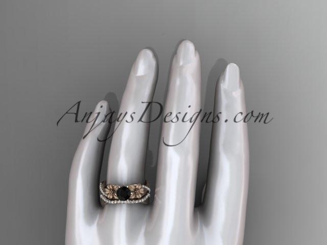 Unique 14kt rose gold diamond flower, leaf and vine wedding ring, engagement set with a Black Diamond center stone ADLR221S - AnjaysDesigns