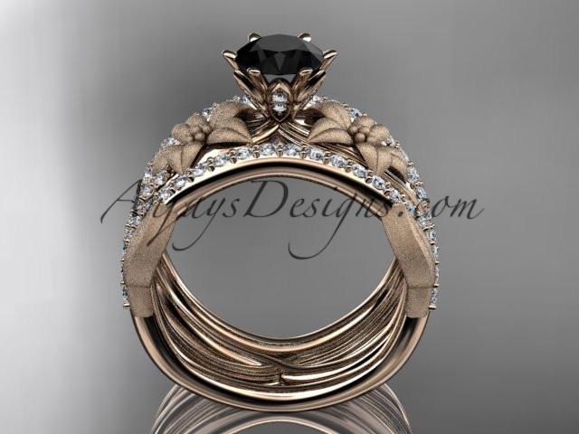 Unique 14kt rose gold diamond flower, leaf and vine wedding ring, engagement ring with a Black Diamond center stone and double matching band ADLR221S - AnjaysDesigns