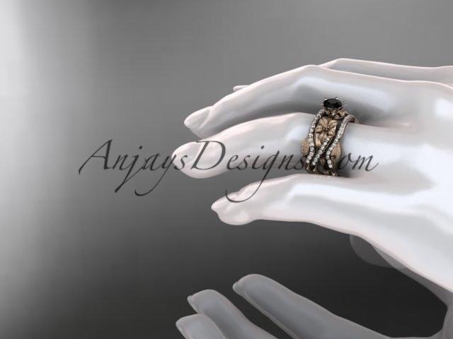 Unique 14kt rose gold diamond flower, leaf and vine wedding ring, engagement ring with a Black Diamond center stone and double matching band ADLR221S - AnjaysDesigns