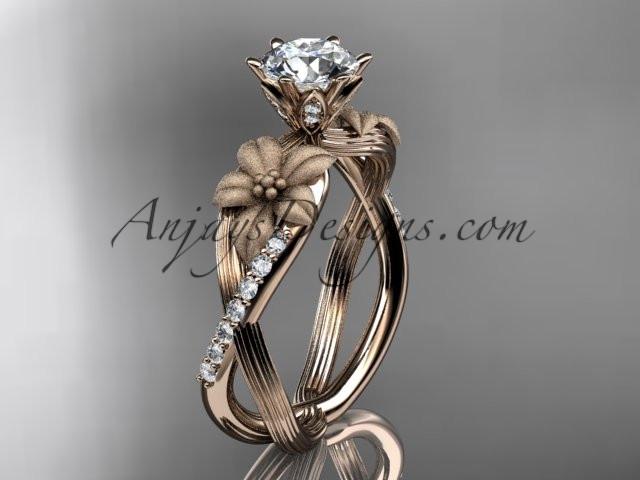 Unique 14kt rose gold diamond flower, leaf and vine wedding ring, engagement ring with a "Forever One" Moissanite center stone ADLR221 - AnjaysDesigns