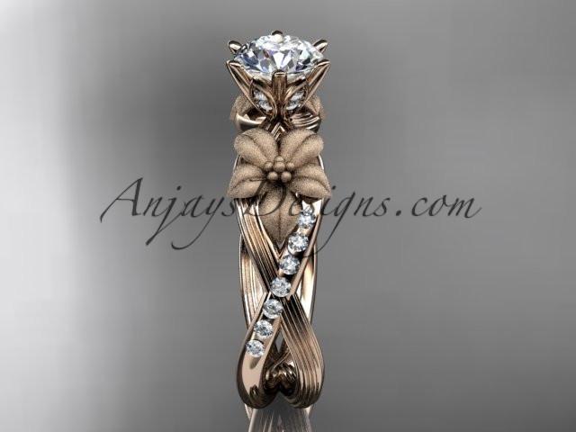 Unique 14kt rose gold diamond flower, leaf and vine wedding ring, engagement ring with a "Forever One" Moissanite center stone ADLR221 - AnjaysDesigns