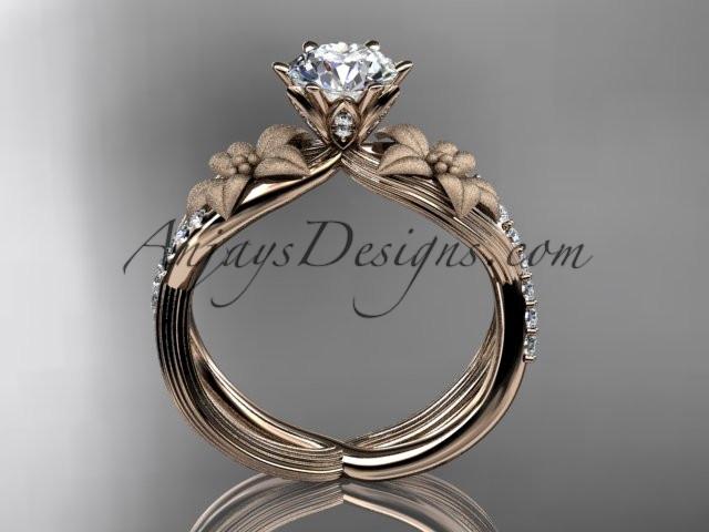 Unique 14kt rose gold diamond flower, leaf and vine wedding ring, engagement ring with a "Forever One" Moissanite center stone ADLR221 - AnjaysDesigns
