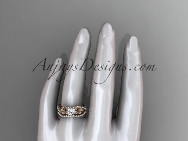 Unique 14kt rose gold diamond flower, leaf and vine wedding ring, engagement set with a "Forever One" Moissanite center stone ADLR221S - AnjaysDesigns