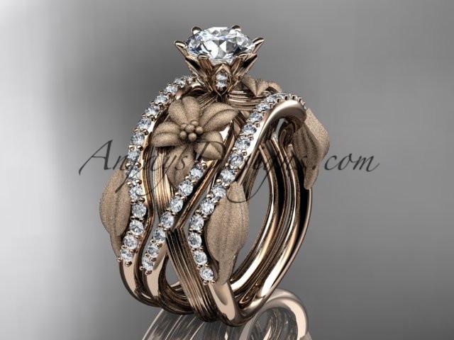 Unique 14kt rose gold diamond flower, leaf and vine wedding ring, engagement ring with a "Forever One" Moissanite center stone and double matching band ADLR221S - AnjaysDesigns