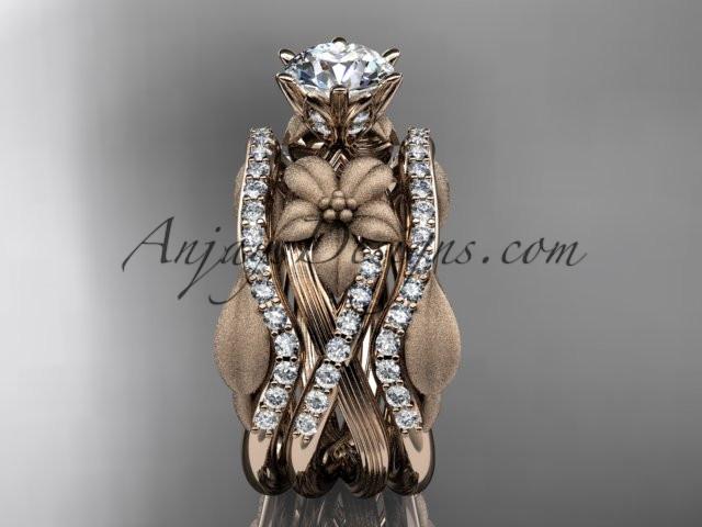 Unique 14kt rose gold diamond flower, leaf and vine wedding ring, engagement ring with a "Forever One" Moissanite center stone and double matching band ADLR221S - AnjaysDesigns